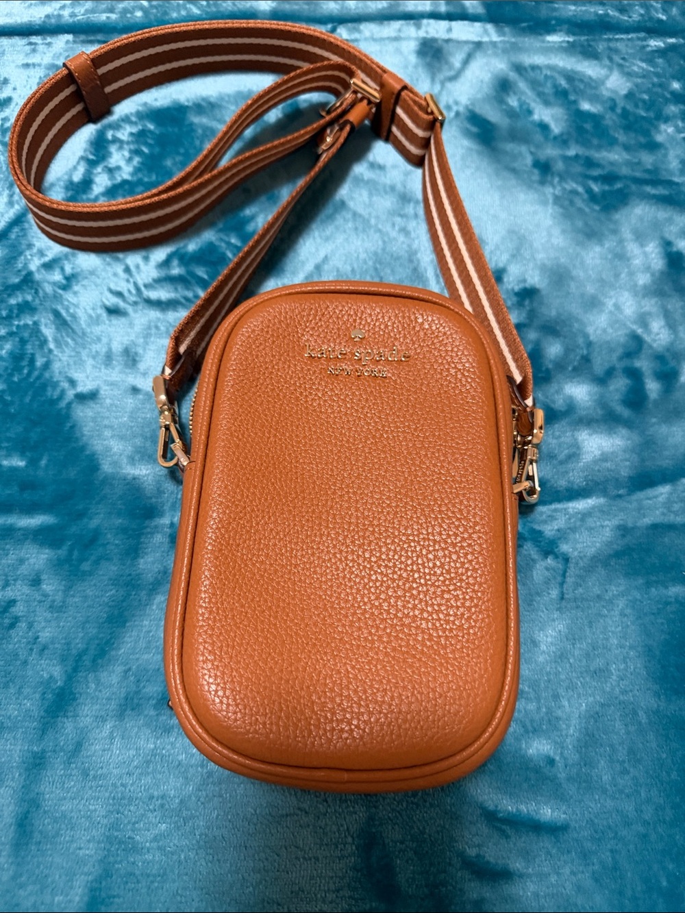 kate spade Cognac Pebbled Leather Crossbody with Striped Strap